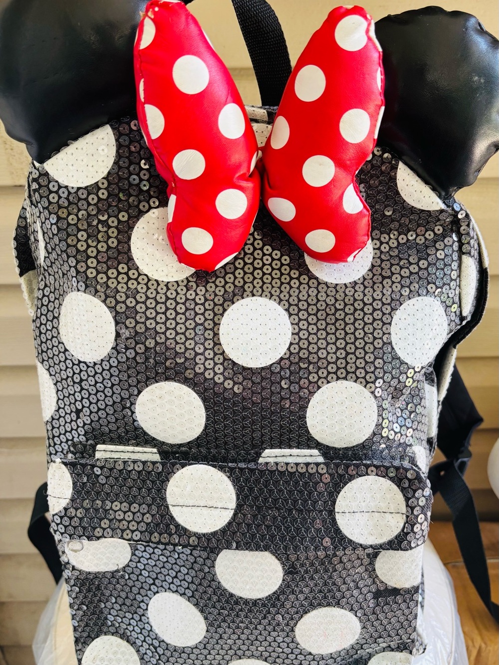 Disney Polka Dot Sequin Backpack with Red Bow Accent